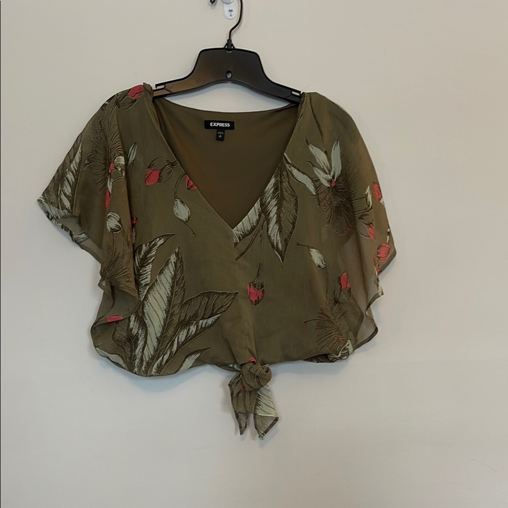 Express Olive Green Floral Tie-Front Crop Top